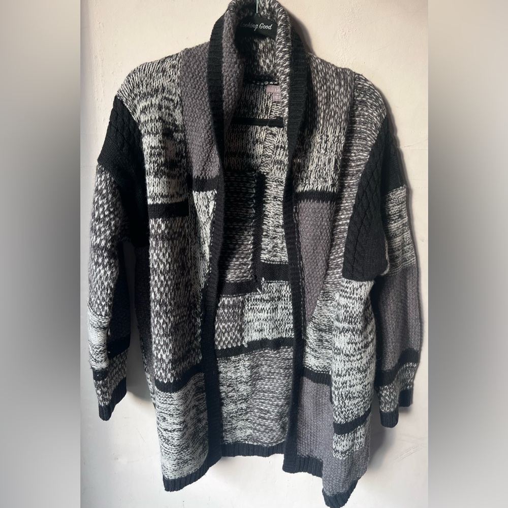 💚 J.JILL - Black Gray White Patchwork Wool Blend Open Cardigan Sweater Coat sz M